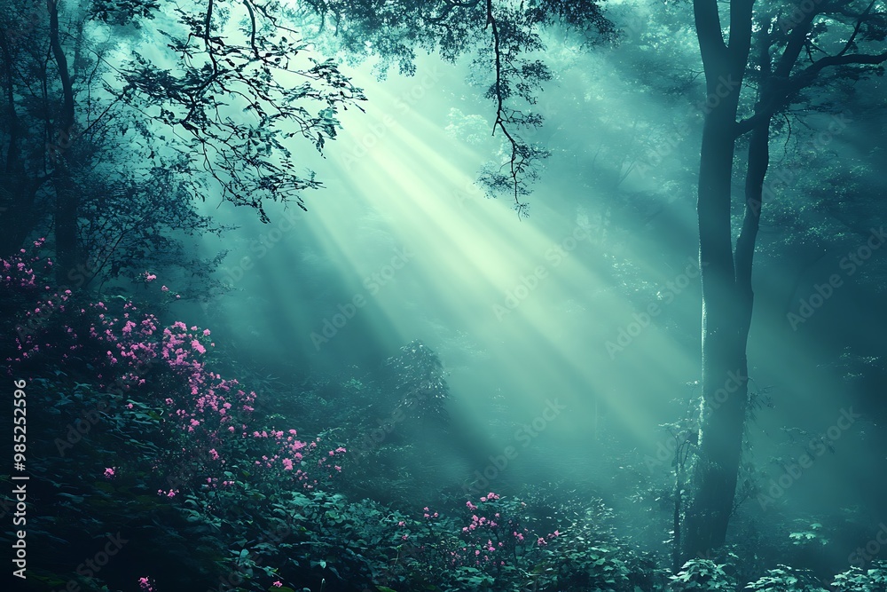 Fototapeta premium Mystical Forest with Fog, Sunbeams, and Pink Flowers