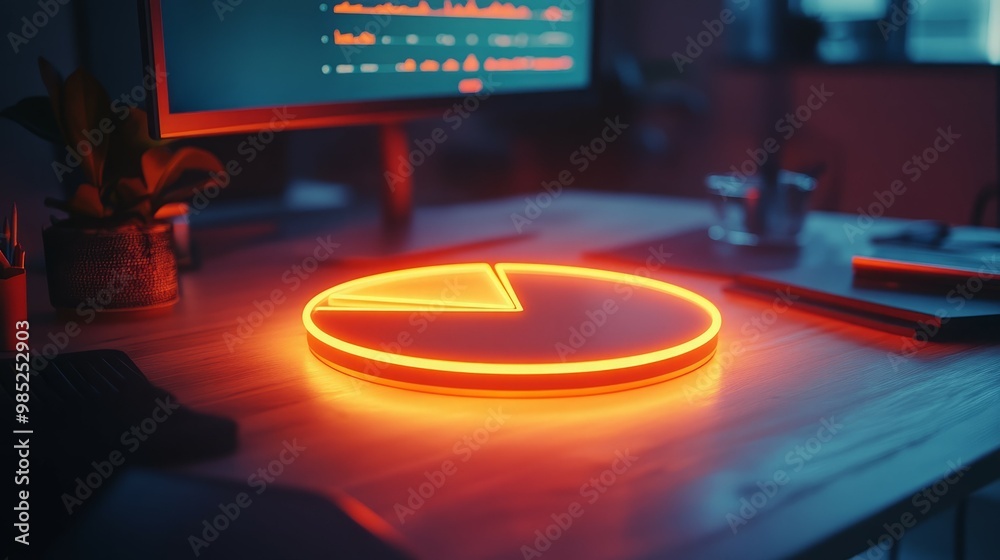 Neon pie chart on a desk in a dimly lit room. Neon pie chart on a desk in a dimly lit room.