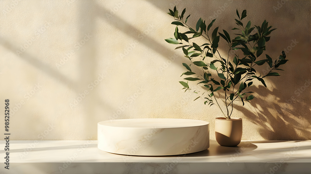 Minimalist Product Display with Marble Pedestal and Greenery Minimalist Product Display with Marble Pedestal and Greenery
