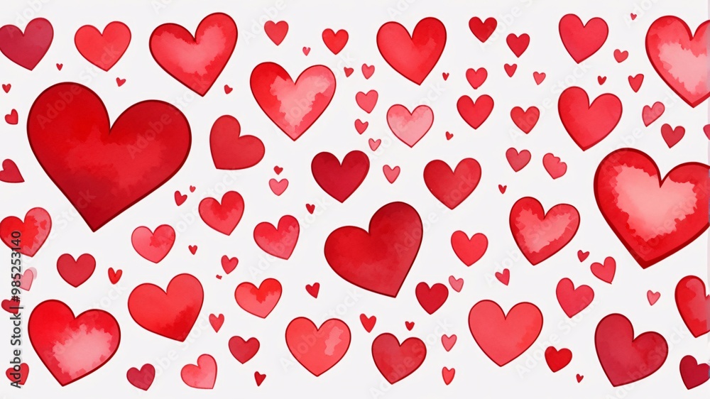 Watercolor red hearts on a white background.