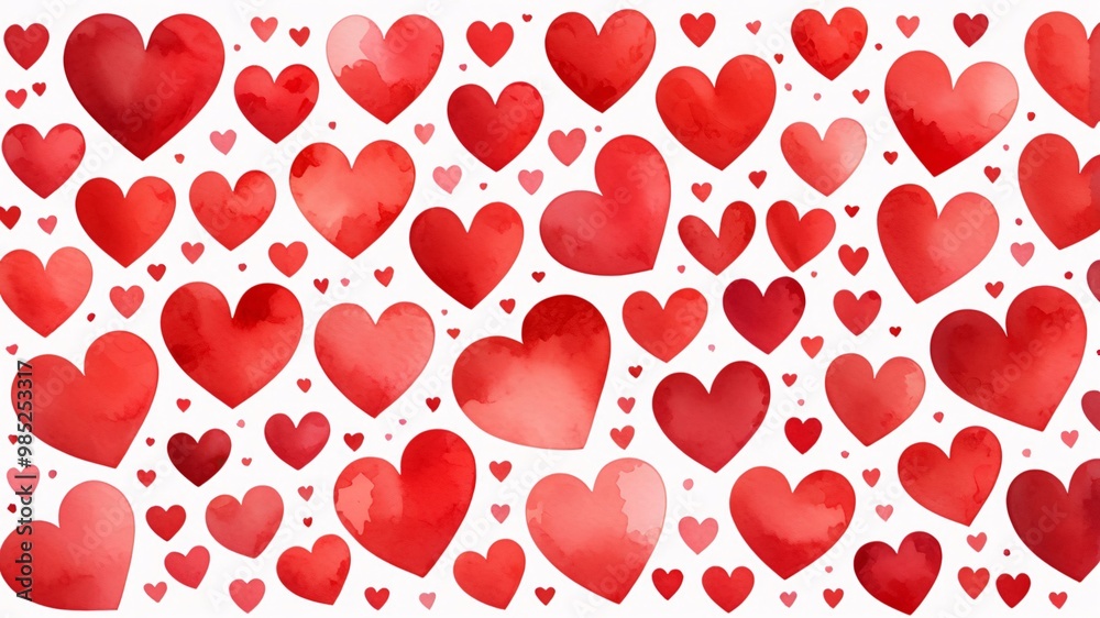 Watercolor Red Hearts Pattern on White Background.