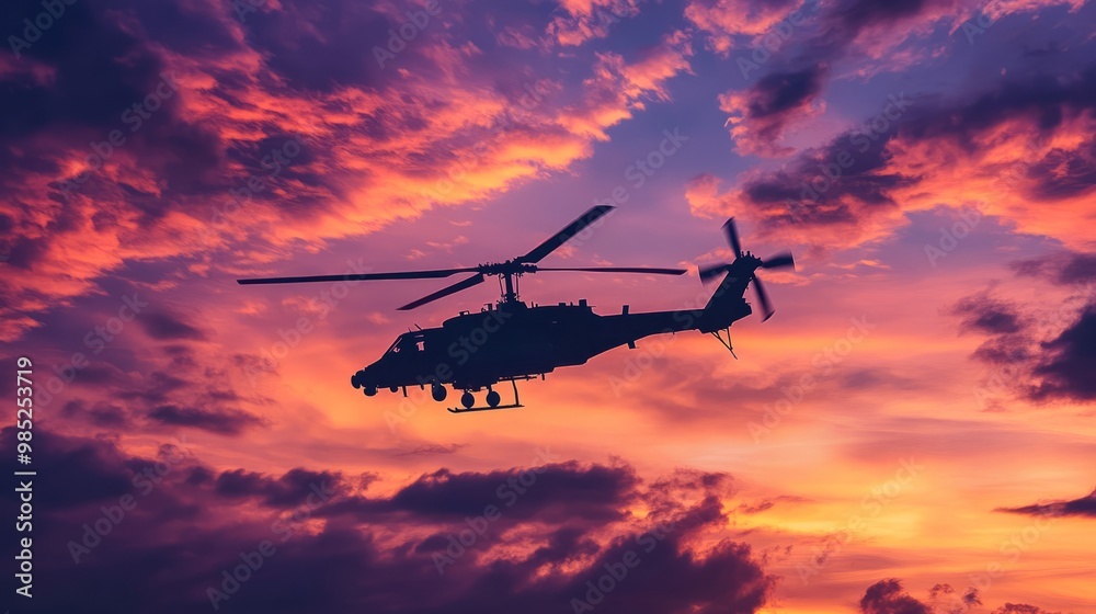 Helicopter Flying at Sunset Against Dramatic Sky Helicopter Flying at Sunset Against Dramatic Sky