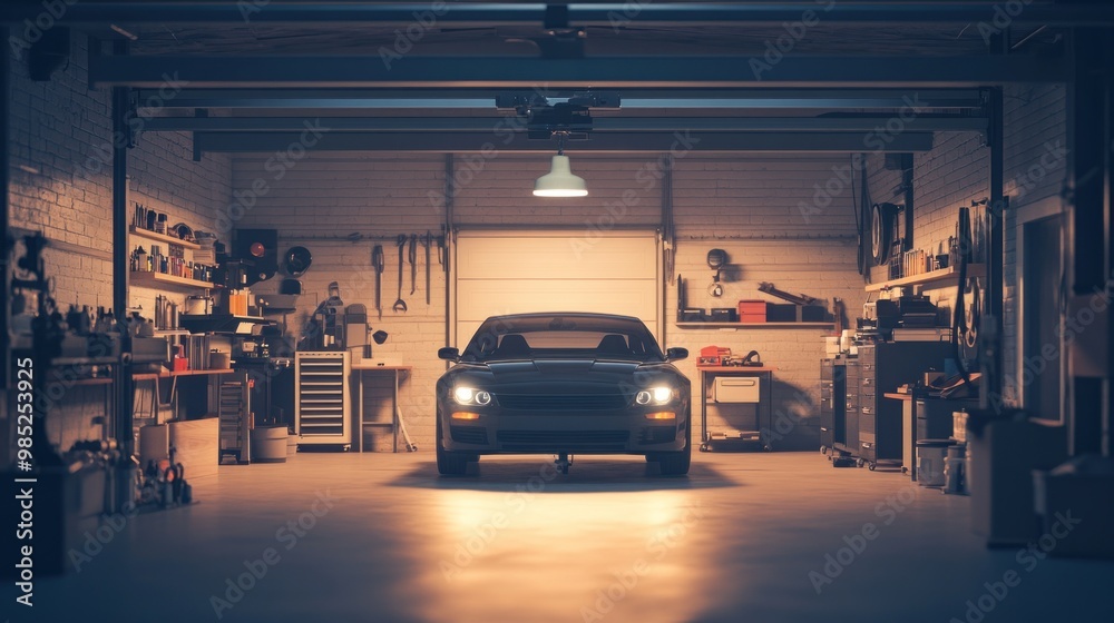 A sleek car parked in a well-organized garage with tools and equipment. A sleek car parked in a well-organized garage with tools and equipment.