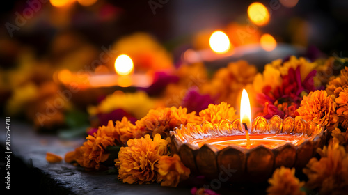 Golden Diya with Flame and ...