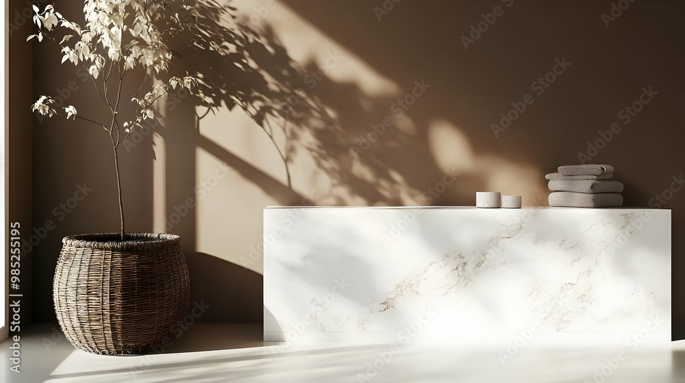 Minimalist Interior Design with White Marble Shelf and Wicker Plant Pot
