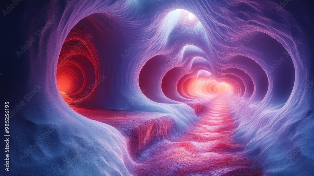 Abstract, colorful cave-like structures with glowing light effects. Abstract, colorful cave-like structures with glowing light effects.