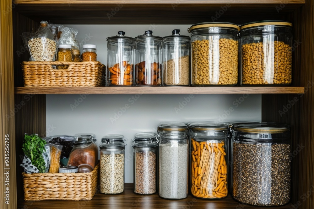 Organized Kitchen Pantry with Glass Jars and Baskets
