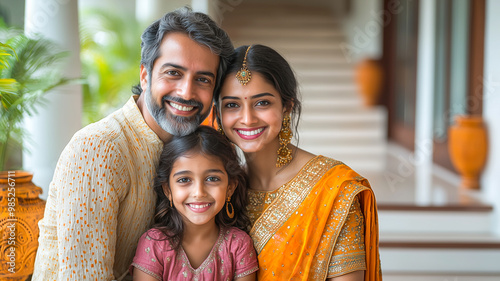 A happy nuclear family posing on the entrance stairs of their home, with blurred Diwali festive decorations in the background