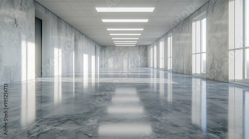 A spacious, modern interior with marble walls and reflective floors, illuminated by natural light.