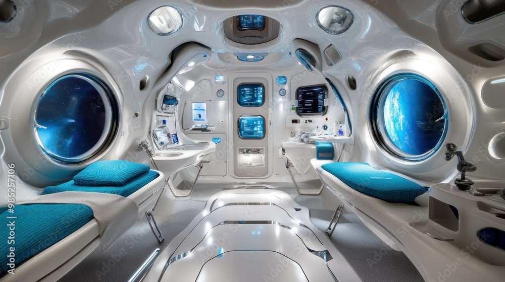 Fototapeta premium Futuristic interior of a spacecraft or research pod with sleek design and large viewing windows.