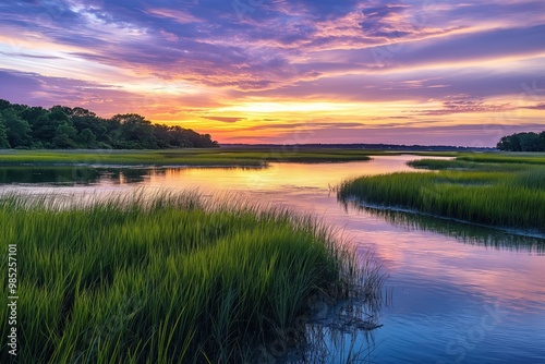 Golden Isles landscape at sunset in Georgia. Atlantic coast beach scene with calm water, green grass. Cloudy sky with warm. Island terrain with natural plants. Scenic view of outdoors travel