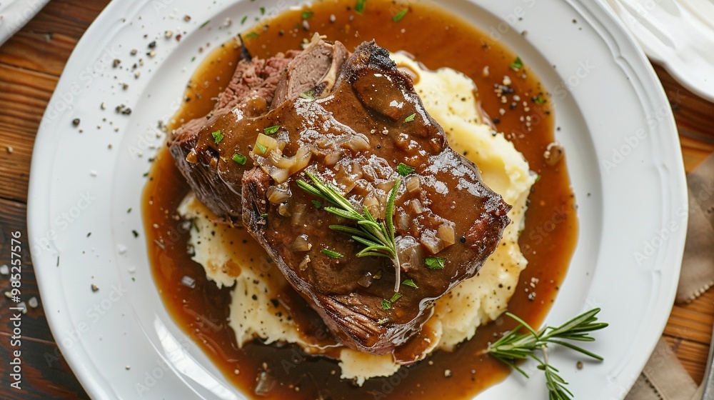 Aerial Perspective of Roast Beef in Demi Glace Gravy with Mashed Potatoes on a White Plate Aerial Perspective of Roast Beef in Demi Glace Gravy with Mashed Potatoes on a White Plate