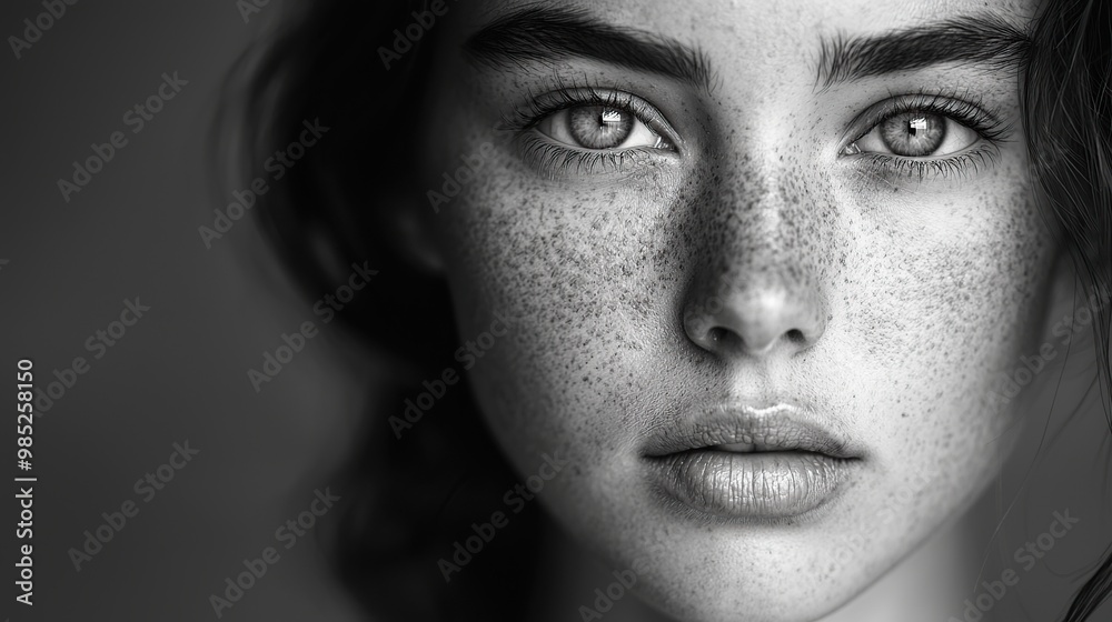 Fototapeta premium Close-up black and white portrait of a woman with freckles.