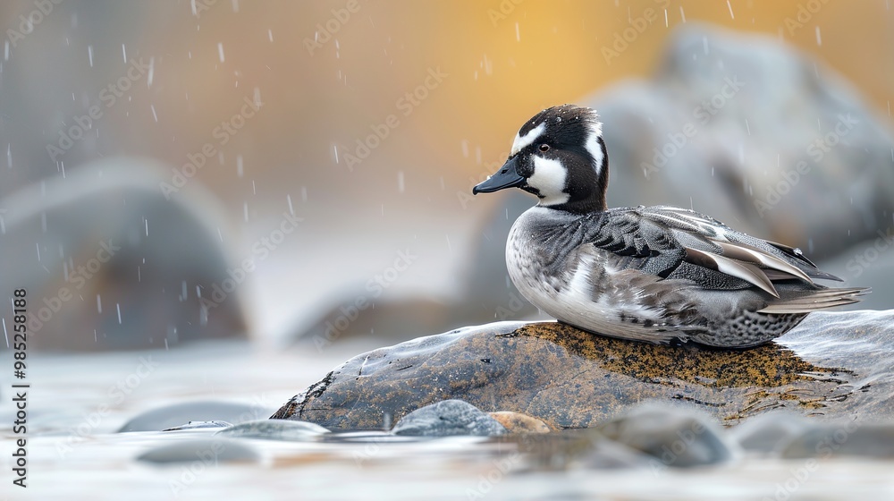 Obraz premium A Duck Perched on a Rock in the Rain