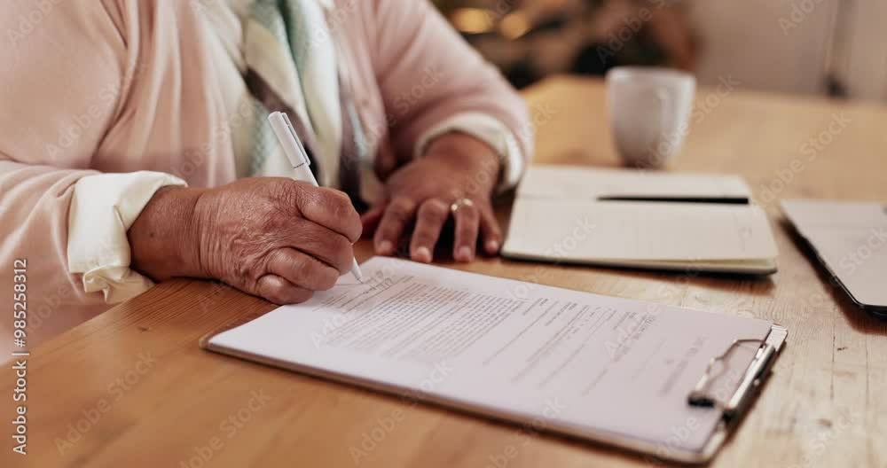 Senior, hands and writing on documents in home for life insurance policy, legal contract and retirement plan. Clipboard, person and paperwork for title deed, application form and asset management Senior, hands and writing on documents in home for life insurance policy, legal contract and retirement plan. Clipboard, person and paperwork for title deed, application form and asset management
