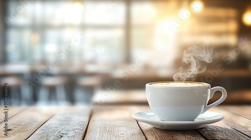 A steaming cup of latte art coffee on a wooden table in a cafe setting.