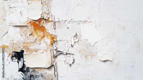 This image showcases a textured abstract painting featuring a blend of creamy white and bold orange tones, accentuated with strokes of black and grey, creating a striking visual effect. photo