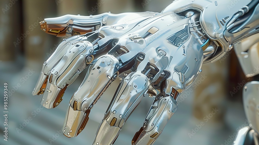 Close-Up of a Futuristic Robotic Hand: Chrome and Steel Close-Up of a Futuristic Robotic Hand: Chrome and Steel