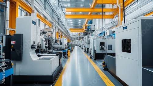 Modern Factory Interior with Industrial Machinery and Overhead Crane