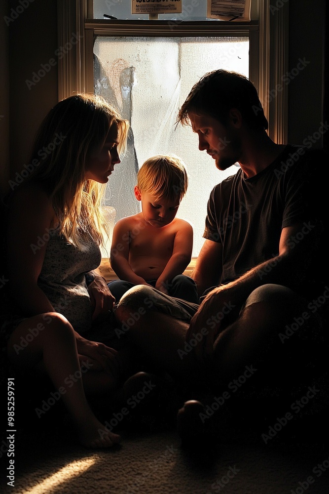 A family of four sitting in their empty living room with foreclosure signs on the windows, showing the severe impact of economic collapse A family of four sitting in their empty living room with foreclosure signs on the windows, showing the severe impact of economic collapse