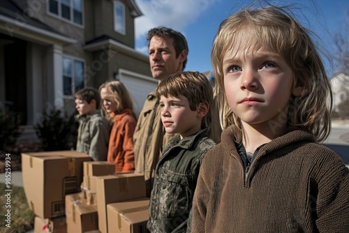 A family standing outside their foreclosed home, surrounded by moving boxes, a somber scene of economic despair photo