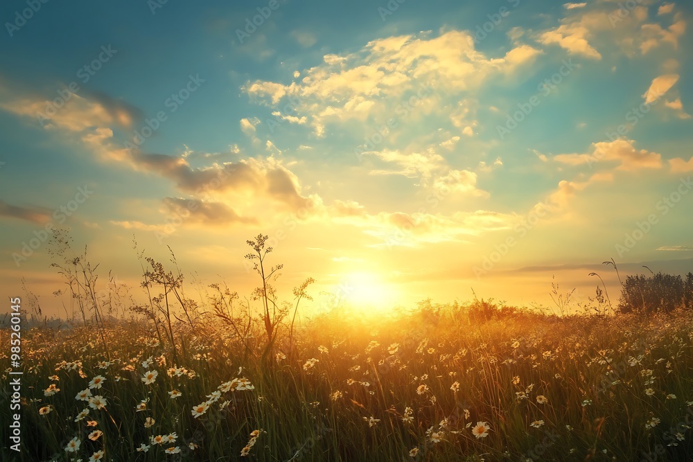 Sunrise over field of daisies with fog and blue sky Sunrise over field of daisies with fog and blue sky
