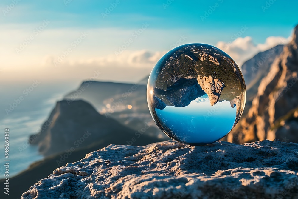Glass globe earth on rock cliff overlooking ocean with mountain range in background. Global perspective, environmentalism, travel concept. Glass globe earth on rock cliff overlooking ocean with mountain range in background. Global perspective, environmentalism, travel concept.