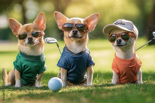 Three small dogs dressed in colorful outfits and golf accessories sitting on a green lawn, with a golf ball and clubs, enjoying an outdoor day in the sun.