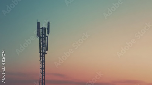 A telecommunications tower silhouetted against a colorful sunset sky.