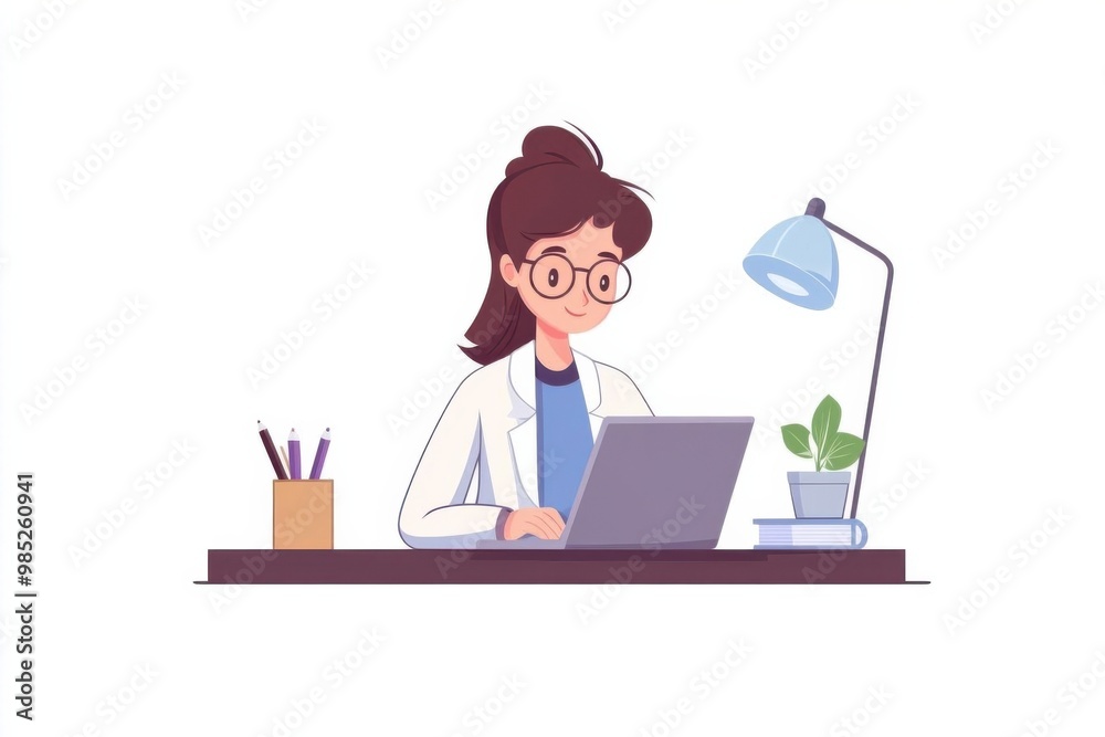 A focused woman in a lab coat working on a laptop at her desk with a lamp and plant, portraying a modern work environment. A focused woman in a lab coat working on a laptop at her desk with a lamp and plant, portraying a modern work environment.