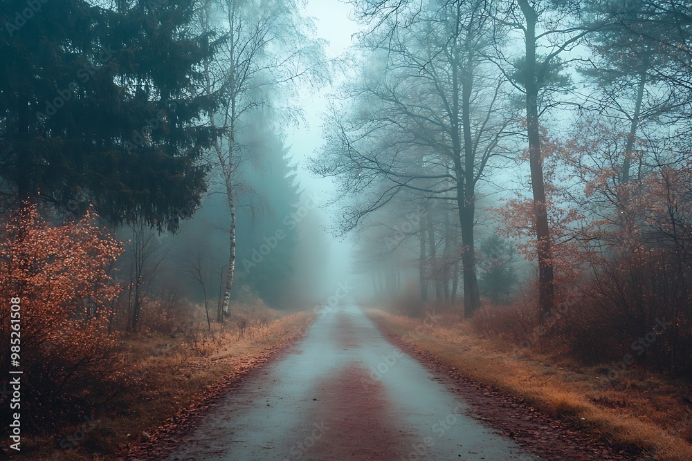 Fototapeta premium Misty Forest Road in Autumn, Foggy Landscape with Tall Trees and Path