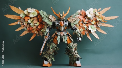 A striking mech warrior model embellished with elaborate floral and leaf patterns, blending nature with technology in a visually stunning manner. photo