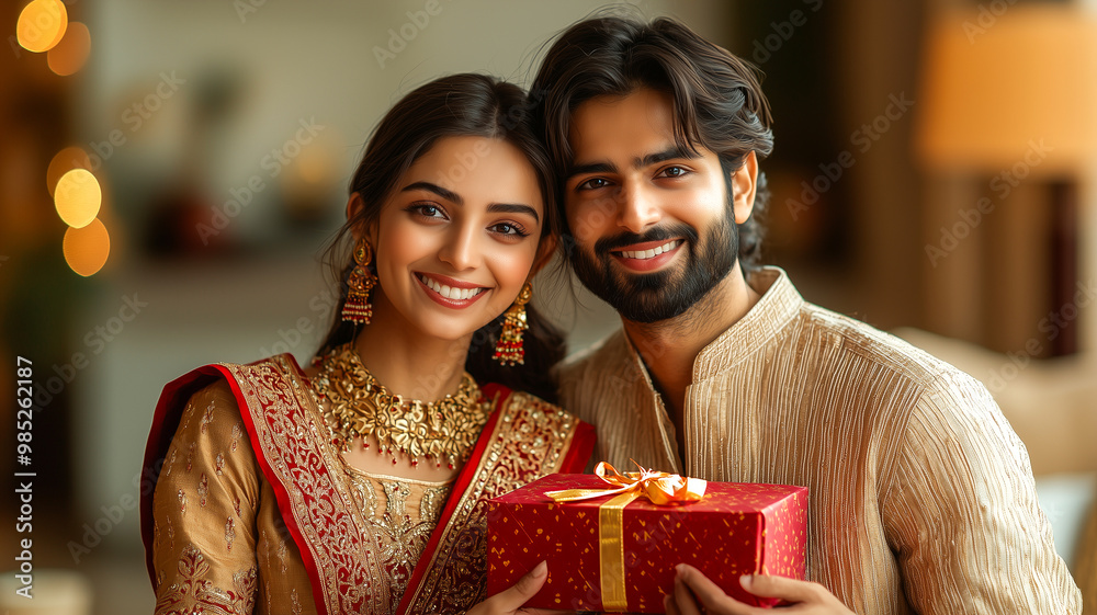 Joyful Indian couple in festive clothes, holding red Diwali gift boxes Joyful Indian couple in festive clothes, holding red Diwali gift boxes