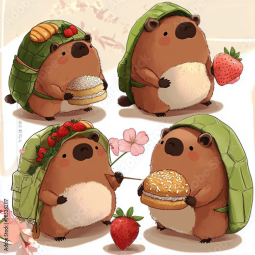 Adorable Capybara Plushies in Cute Hoodies Enjoying Rice Cakes, Featuring Turtle and Strawberry Themes in a Simplistic Illustration Style photo