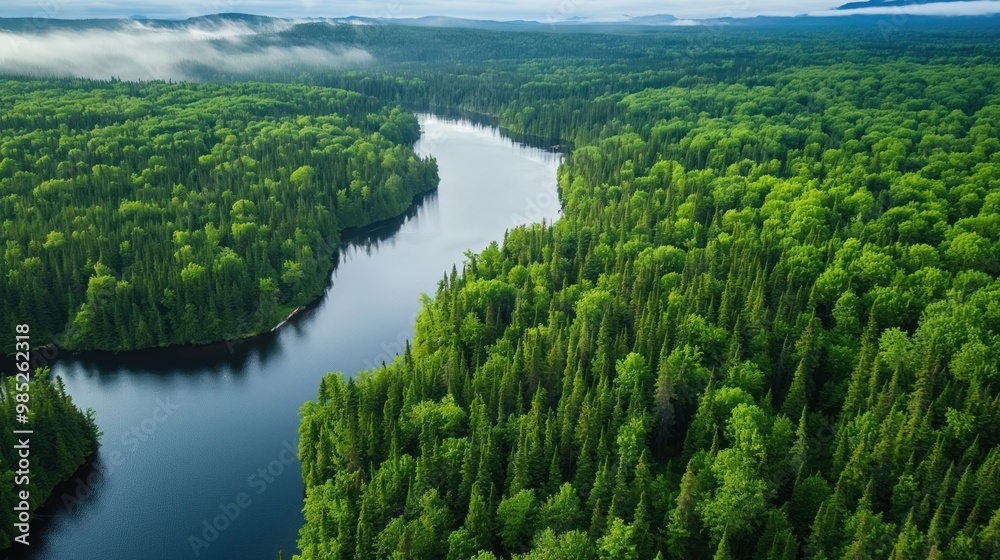 Aerial photo of Algonquin park forest with green trees, river and lake. Green foliage and woodlands, serene natural environment with water and cloud. Scenic summer landscape with sun and trees. Aerial photo of Algonquin park forest with green trees, river and lake. Green foliage and woodlands, serene natural environment with water and cloud. Scenic summer landscape with sun and trees.