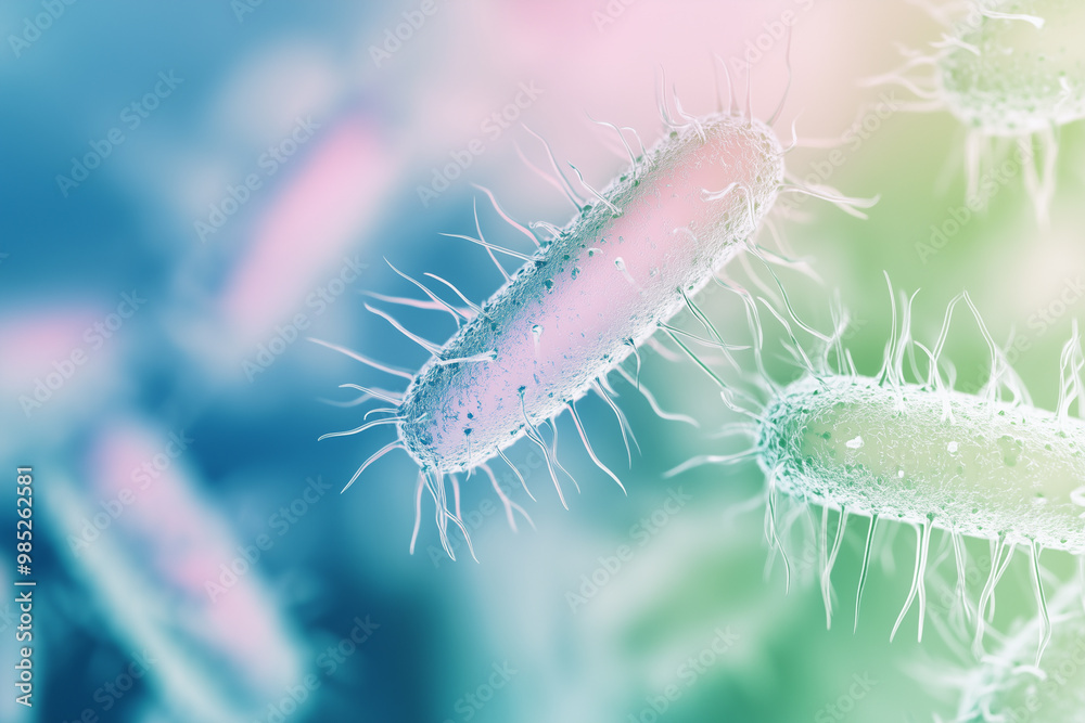 Fototapeta premium Microscopic bacteria in pink and blue tones with depth of field effect.