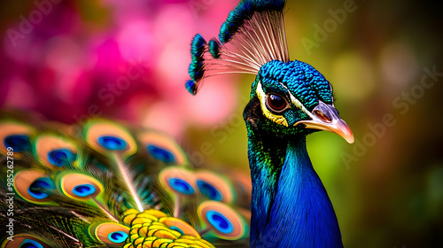 Peacock Portrait with Blue and Green Feathers - Photo