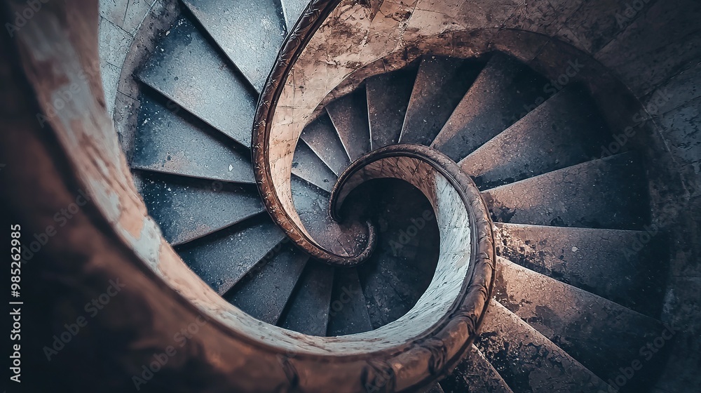 Fototapeta premium A spiral staircase viewed from above, the steps are made of stone and the handrail is ornate.