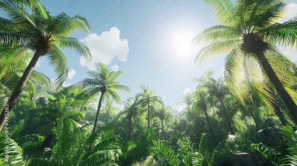 Lush tropical landscape with palm trees under a bright sky.