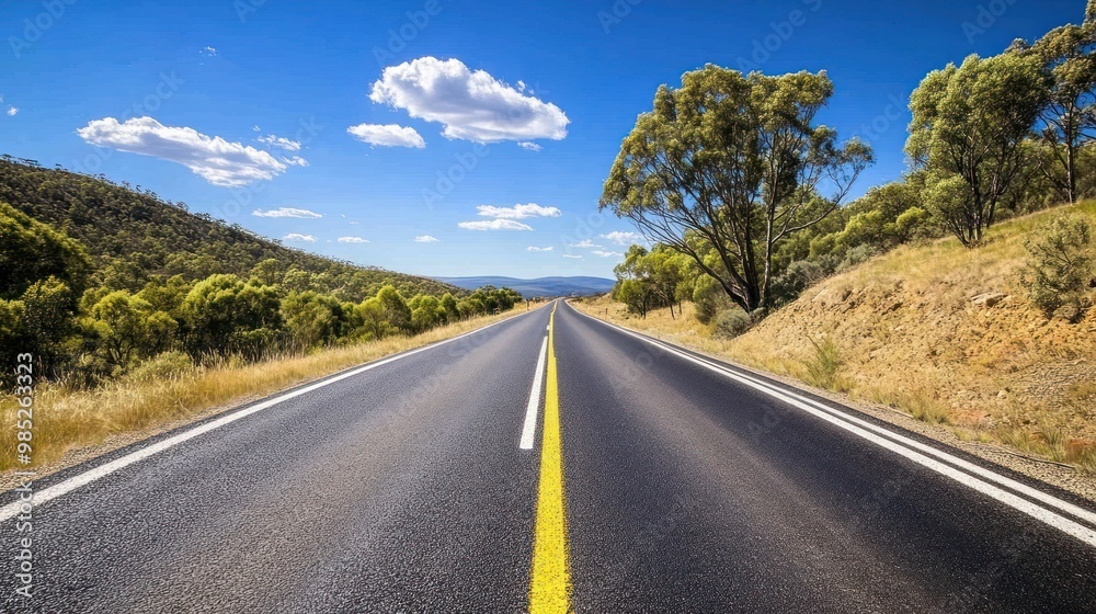 A straight road stretches through a scenic landscape under a clear blue sky. A straight road stretches through a scenic landscape under a clear blue sky.