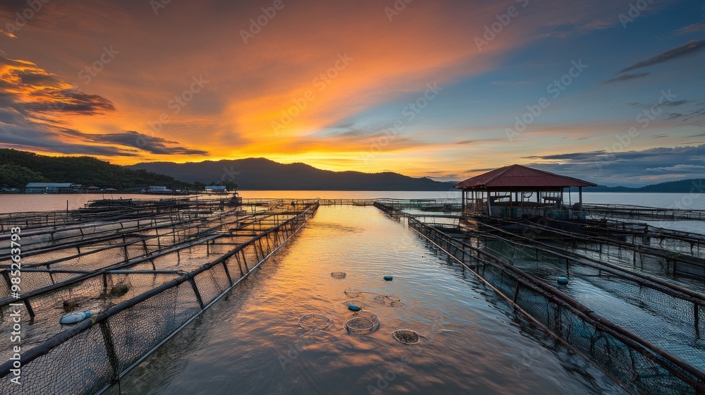 Fototapeta premium A serene sunset over a fish farming area with structures and calm waters.