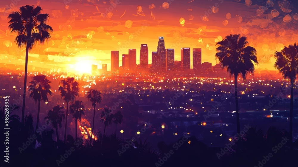 Fototapeta premium Vibrant Sunset Over Los Angeles Skyline