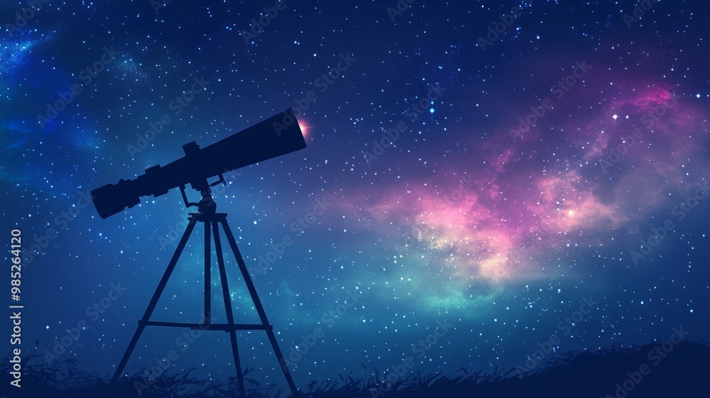 A silhouette of a telescope pointed towards a starry sky. A silhouette of a telescope pointed towards a starry sky.