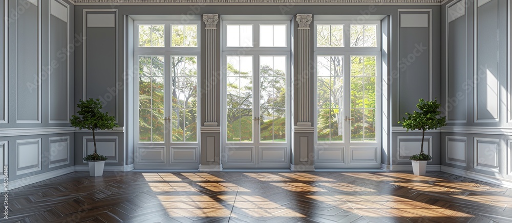 Fototapeta premium Sunlit Interior with French Doors and Elegant Molding. Classical Empty Room Interior 3d Render. Generate Ai Image