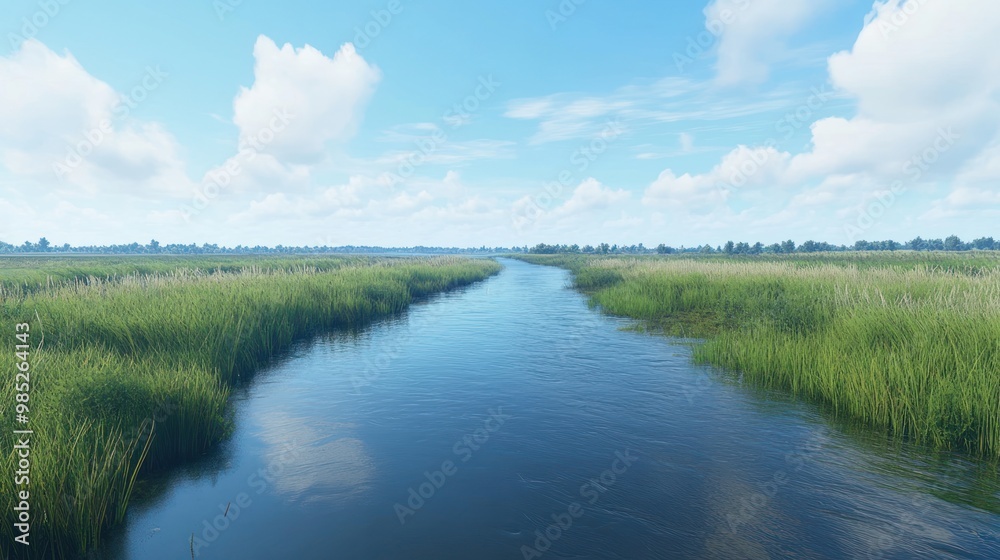 A serene river flows through lush greenery under a clear blue sky. A serene river flows through lush greenery under a clear blue sky.