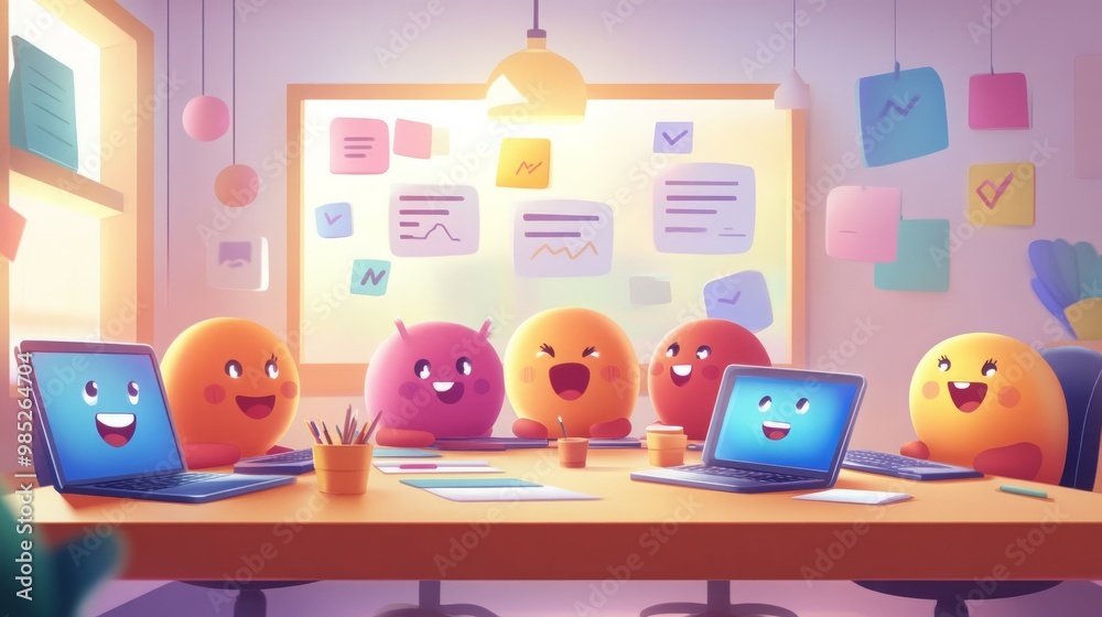 Smiling cartoon characters in a fun office setting. Smiling cartoon characters in a fun office setting.