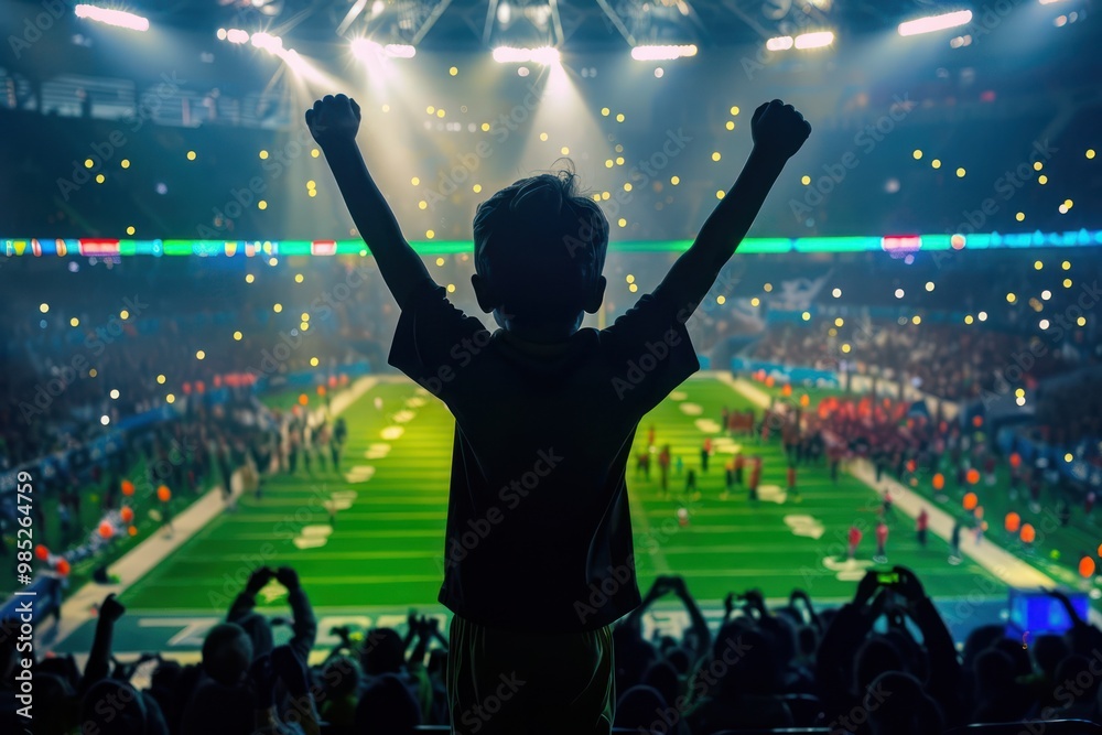 A young boy stands out in a packed stadium, arms raised high in celebration or excitement, amidst the vibrant colors of the lights and blurred forms of players on the field. A young boy stands out in a packed stadium, arms raised high in celebration or excitement, amidst the vibrant colors of the lights and blurred forms of players on the field.