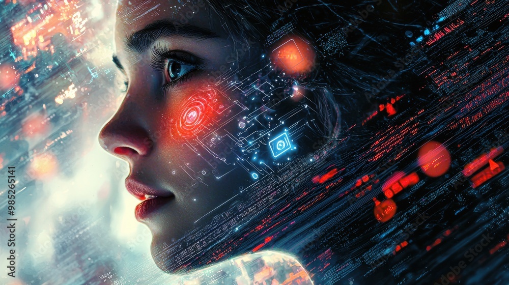 A high-tech scene featuring a woman IT specialist with her face highlighted by the light from swirling virtual code. The artificial intelligence symbols float around her, showcasing her immersion in