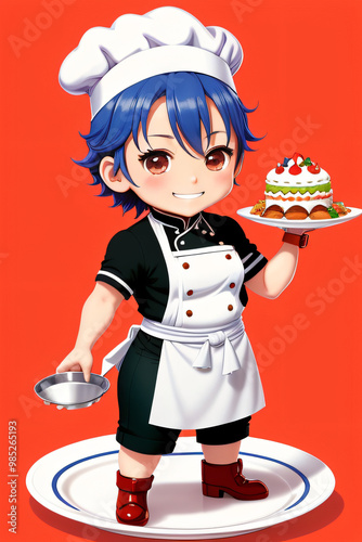 Chibi Chef with Plate of Food Full-Body Illustration photo