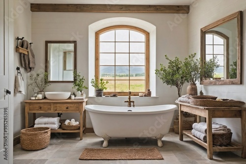 A cozy bathroom featuring white shiplap walls and a deep, vintage-style soaking tub with a curved back.